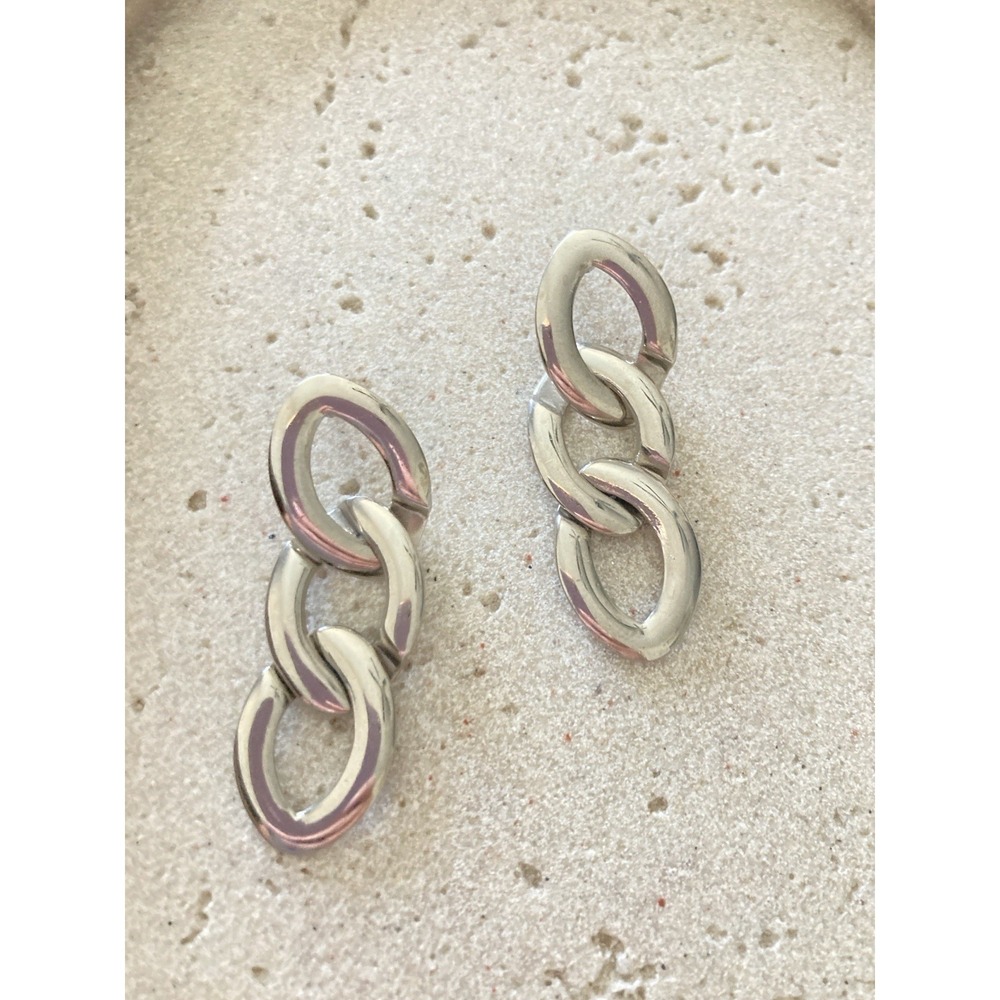 Silver Tone Link Dangle Earrings Chunky Chain Link Drop Modernist Bold Glam